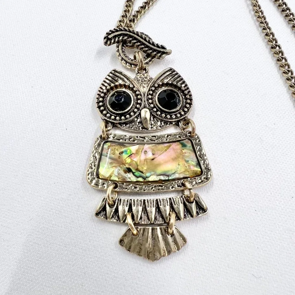 Abalone Inlayed Jointed Owl Pendant Antiqued Gold Tone 30” Chain Necklace - Picture 5 of 7